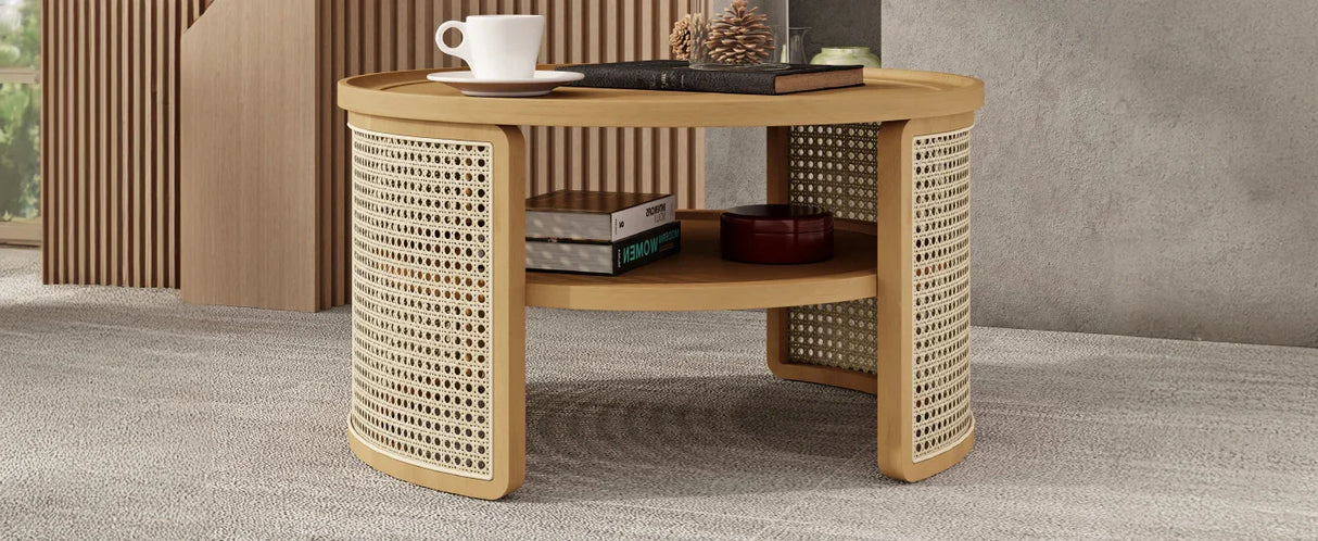 Round Coffee Table With Storage Caned Sides Natural - Furniture Home Direct