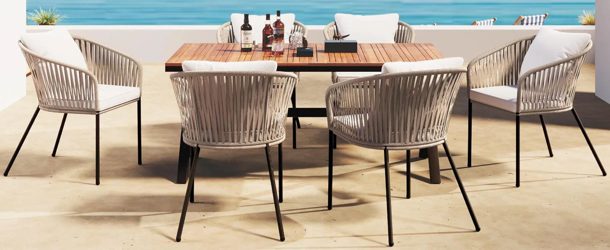 7 Piece All-Weather Patio Dining Set with Acacia Wood Tabletop and Metal Frame - Beige - Furniture Home Direct