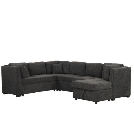 U-Shaped Sectional Sofa Pull Out Sofa Bed With Two USB Ports, Two Power Sockets, Three Back Pillows And A Storage Chaise For Living Room - Furniture Home Direct