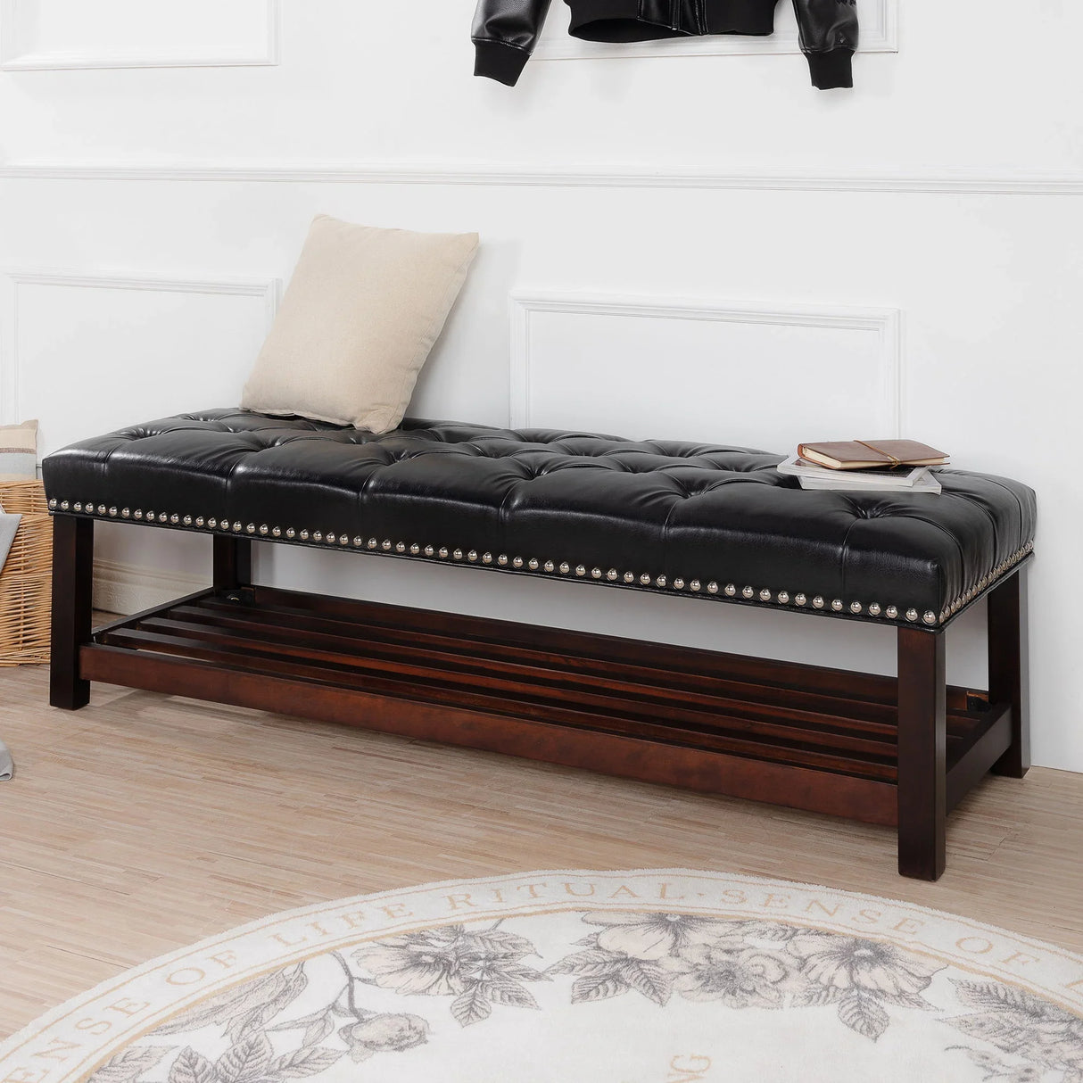 Bedroom End Of Bed Bench Tufted Upholstered End Of Bed Bench End Of Bed Entrance Shoe Bench With Nailhead Trim And Shelf Bedroom Upholstered Leather Bench Living Room Shoe Rack Footstool - Furniture Home Direct