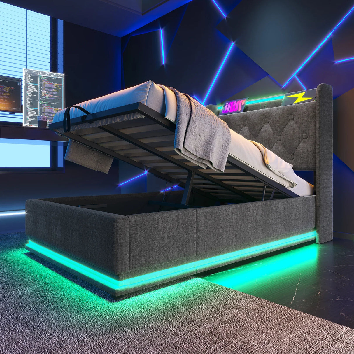 Twin Upholstered Bed 360 Surround LED Lighting USB C Gray - Furniture Home Direct