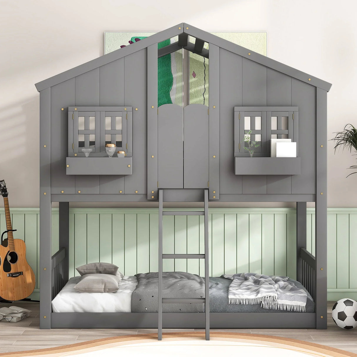 House Bunk Bed With Roof, Window, Window Box, Door, With Safety Guardrails And Ladder - Furniture Home Direct