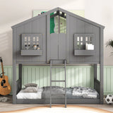 House Bunk Bed With Roof, Window, Window Box, Door, With Safety Guardrails And Ladder - Furniture Home Direct