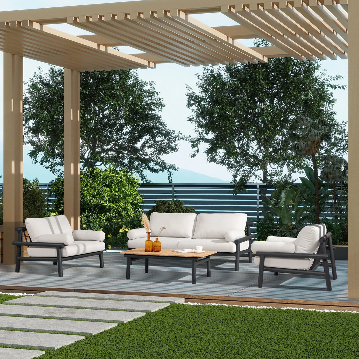 Zara - Dowel Frame Bolster Patio Deep Seating Armchair, Axroma Olefin - Wheat Beige - Furniture Home Direct