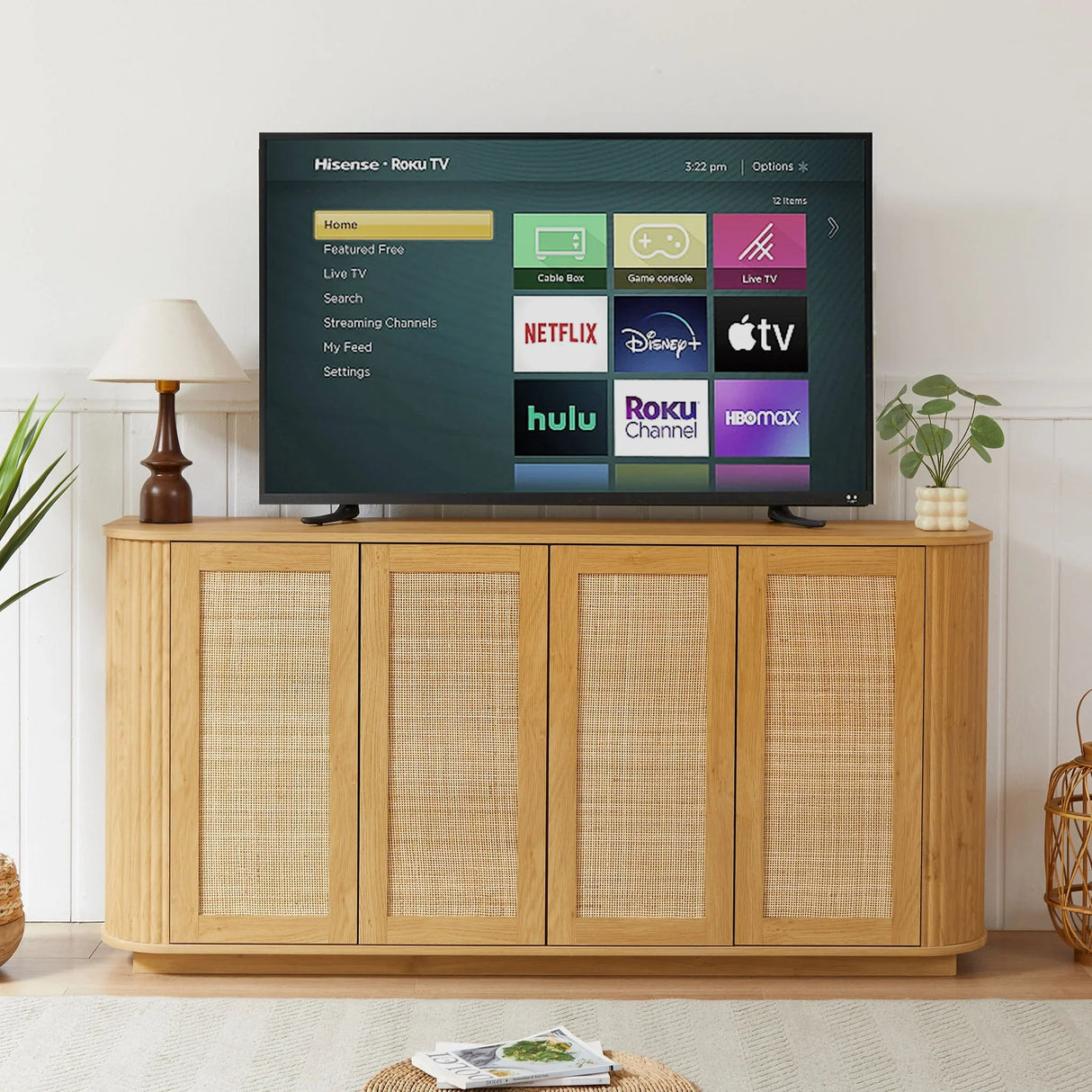 Contemporary Wave Shaped TV Stand With Rattan Doors - Furniture Home Direct