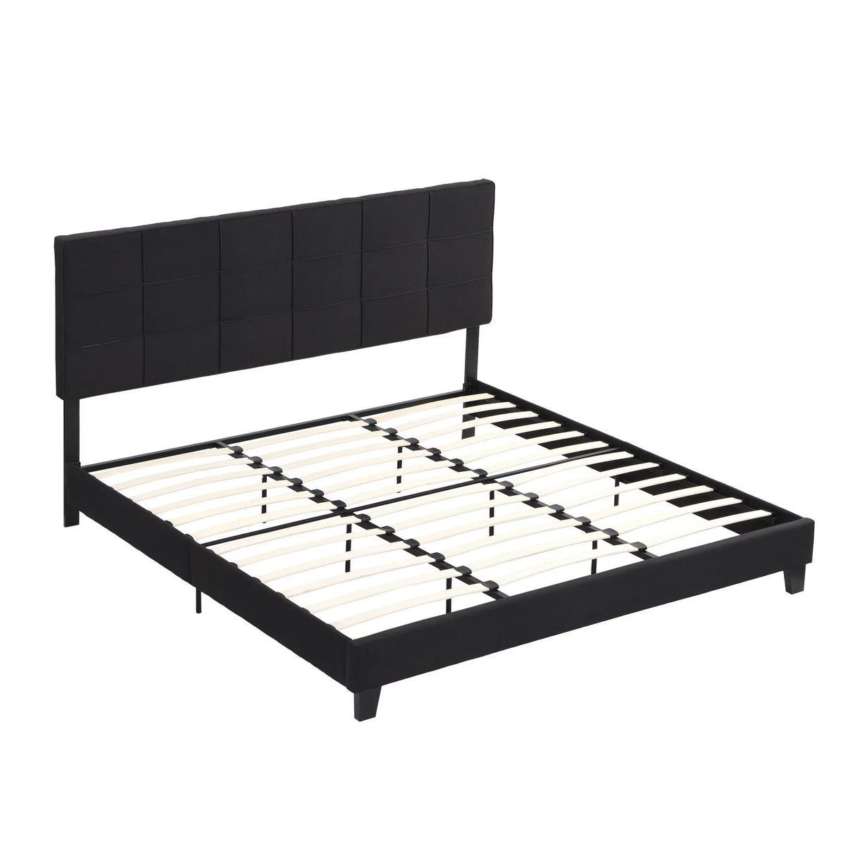 King Size Upholstered Platform Bed Frame With Linen Fabric Headboard, Wood Slat Support - Black - Furniture Home Direct