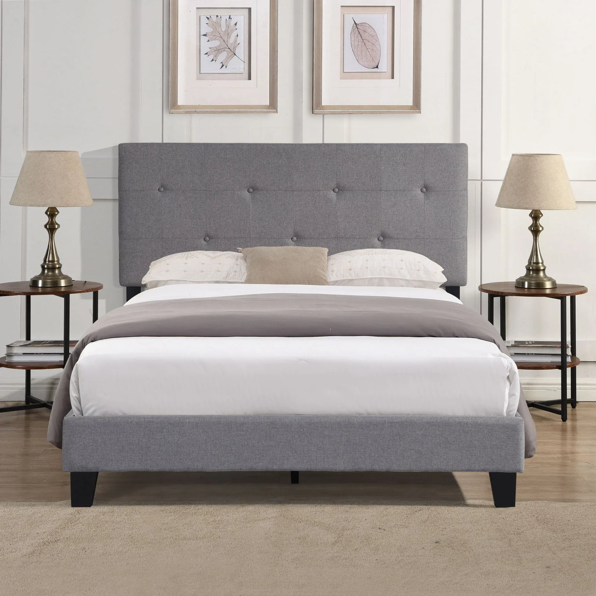Modern Upholstered Platform Bed Frame With Button Tufted Linen Headboard And Wood Slat Support - Furniture Home Direct