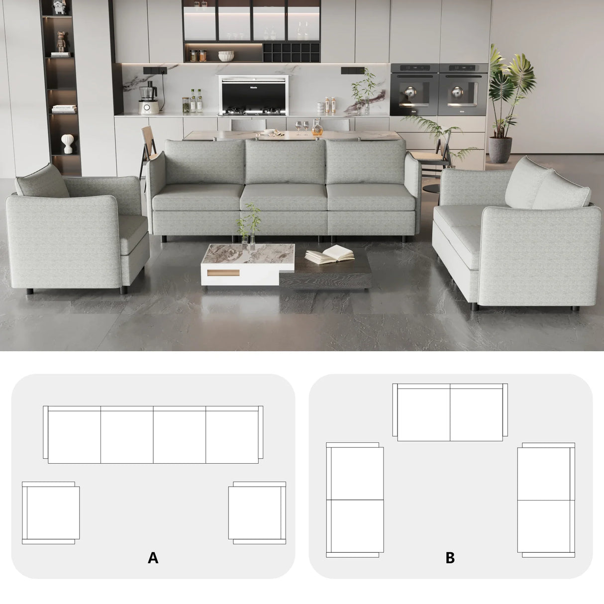 3 Pc Modular living room Set With Different Configurations, Light Gray - Furniture Home Direct