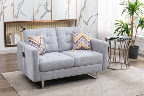 Victoria - Linen Fabric Loveseat With Metal Legs, Side Pockets, And Pillows - Furniture Home Direct