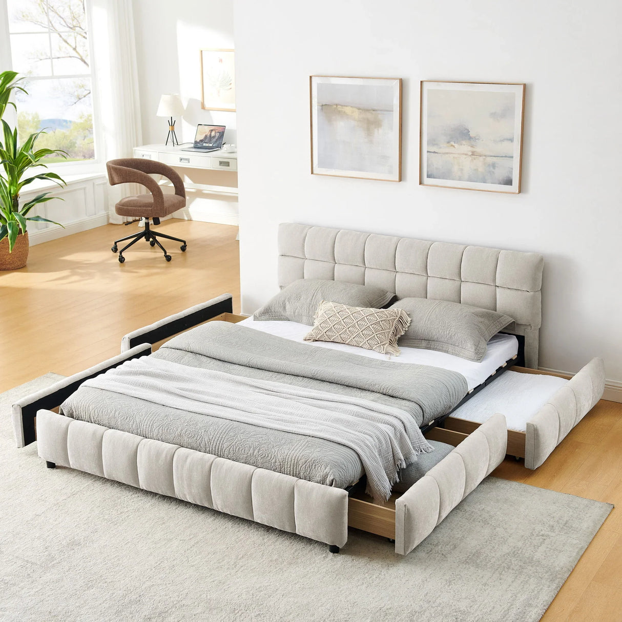 Modern Platform Bed Frame With Thick Chenille Fabric - Furniture Home Direct