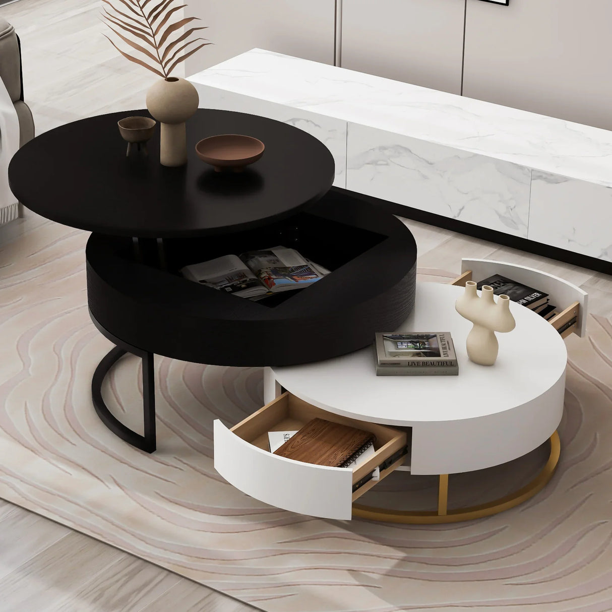 Nesting Coffee Tables Round Lift-Top Modern Black and White - Furniture Home Direct