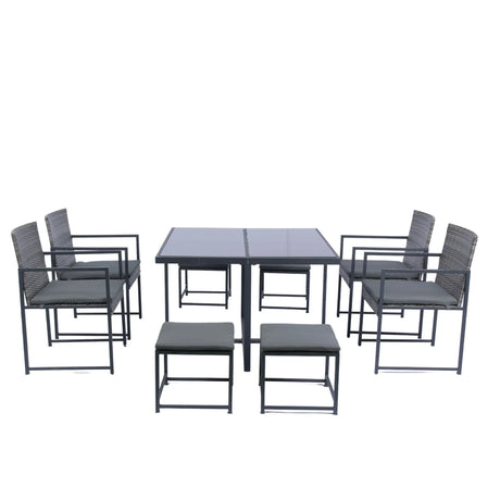 9 Pieces Patio Dining Sets Outdoor Space Saving Rattan Chairs With Glass Table Top Wicker And Cushion - Dark Gray - Furniture Home Direct