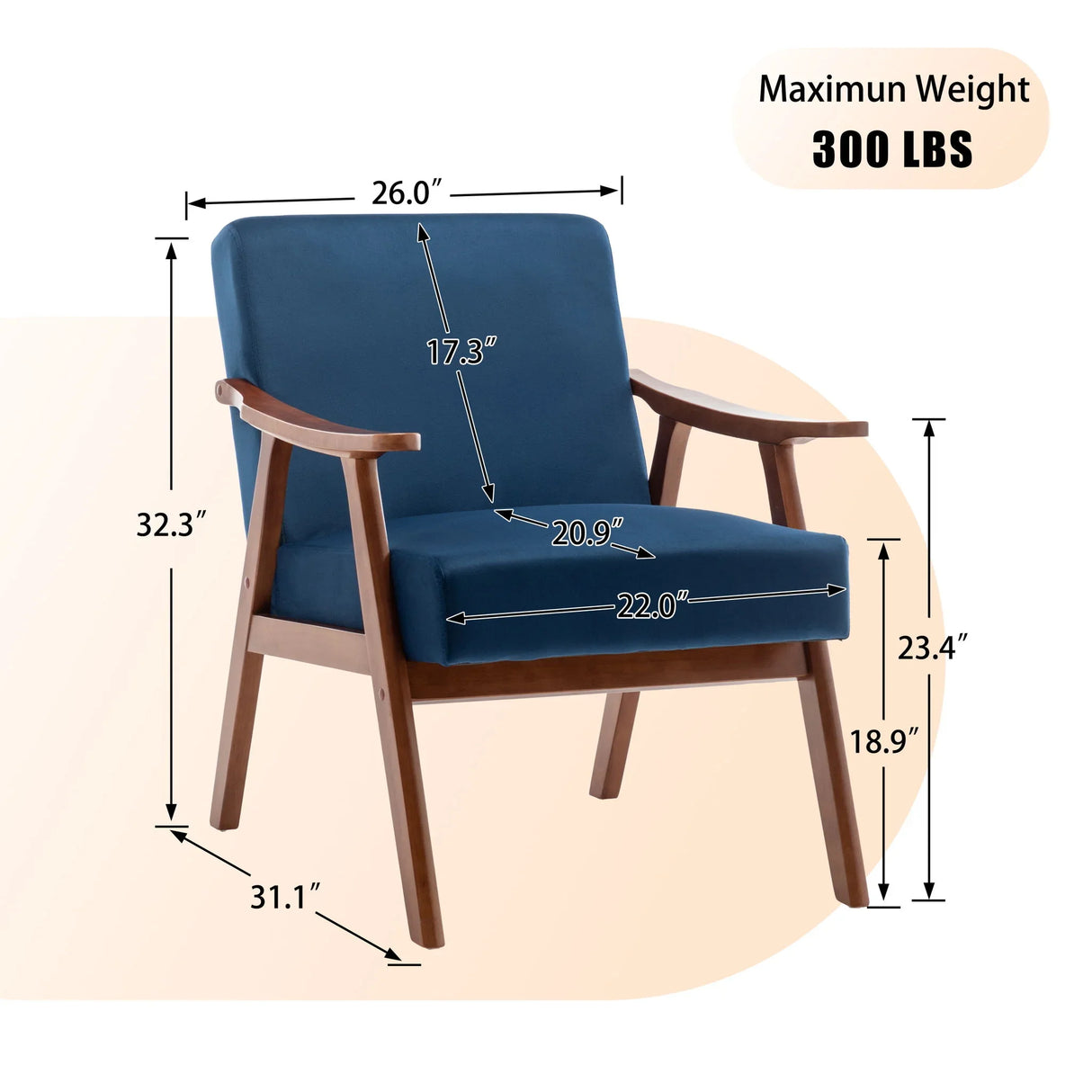 Mid Century Modern Accent Chair With Solid Wood Frame And Extra Thick Backrest - Furniture Home Direct
