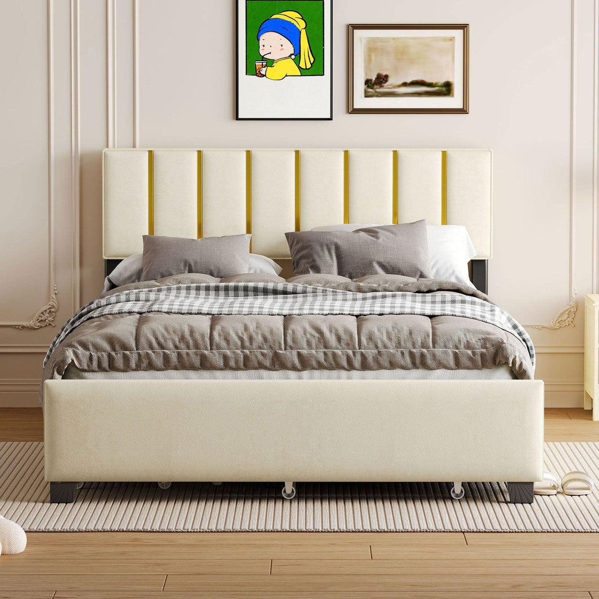 Upholstered Platform Bed With 2 Drawers And 1 Trundle, Classic Strip Headboard Design - Furniture Home Direct