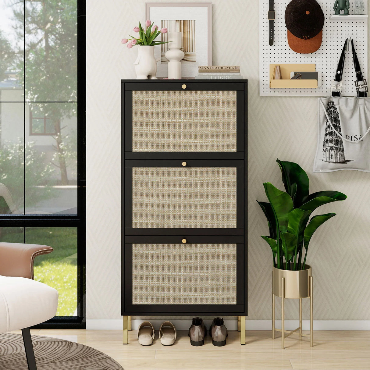 Modern Rattan 3 Door Shoe Rack Cabinet For Entryway - Furniture Home Direct