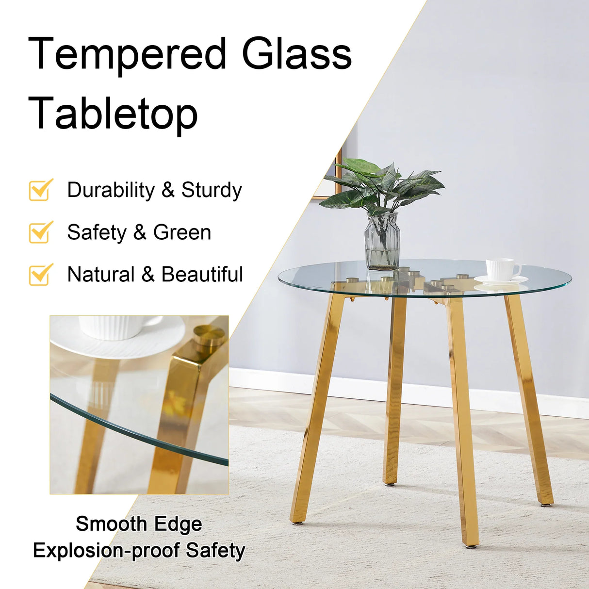 Dining Table Round Glass Top With Metal Base Finish Gold - Furniture Home Direct