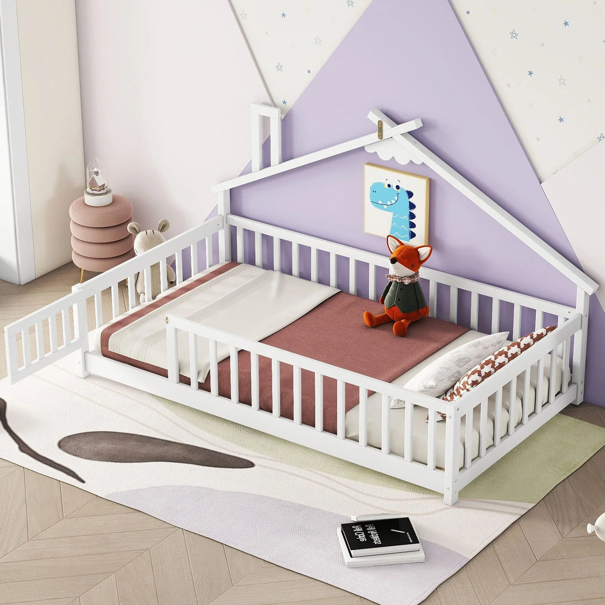 House-Shaped Bedside Floor Bed With Guardrails, Slats, With Door - Furniture Home Direct