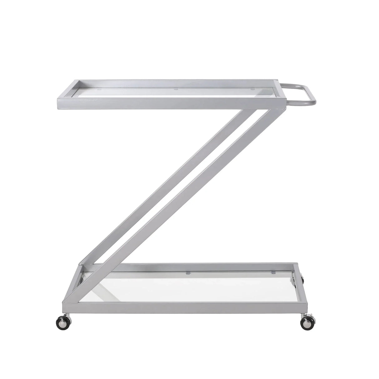 Modern Z Shaped Bar Cart With Tempered Glass Shelves - Silver