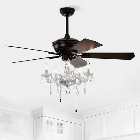 52" Crystal Shade Ceiling Fan Lamp, 3 Speed, 4 Timing, 5 Reversible Blades Crystal Ceiling Fan, 5 Pieces X E12 (No Include Bulb), Hand Pull Chain - Matte Black - Furniture Home Direct