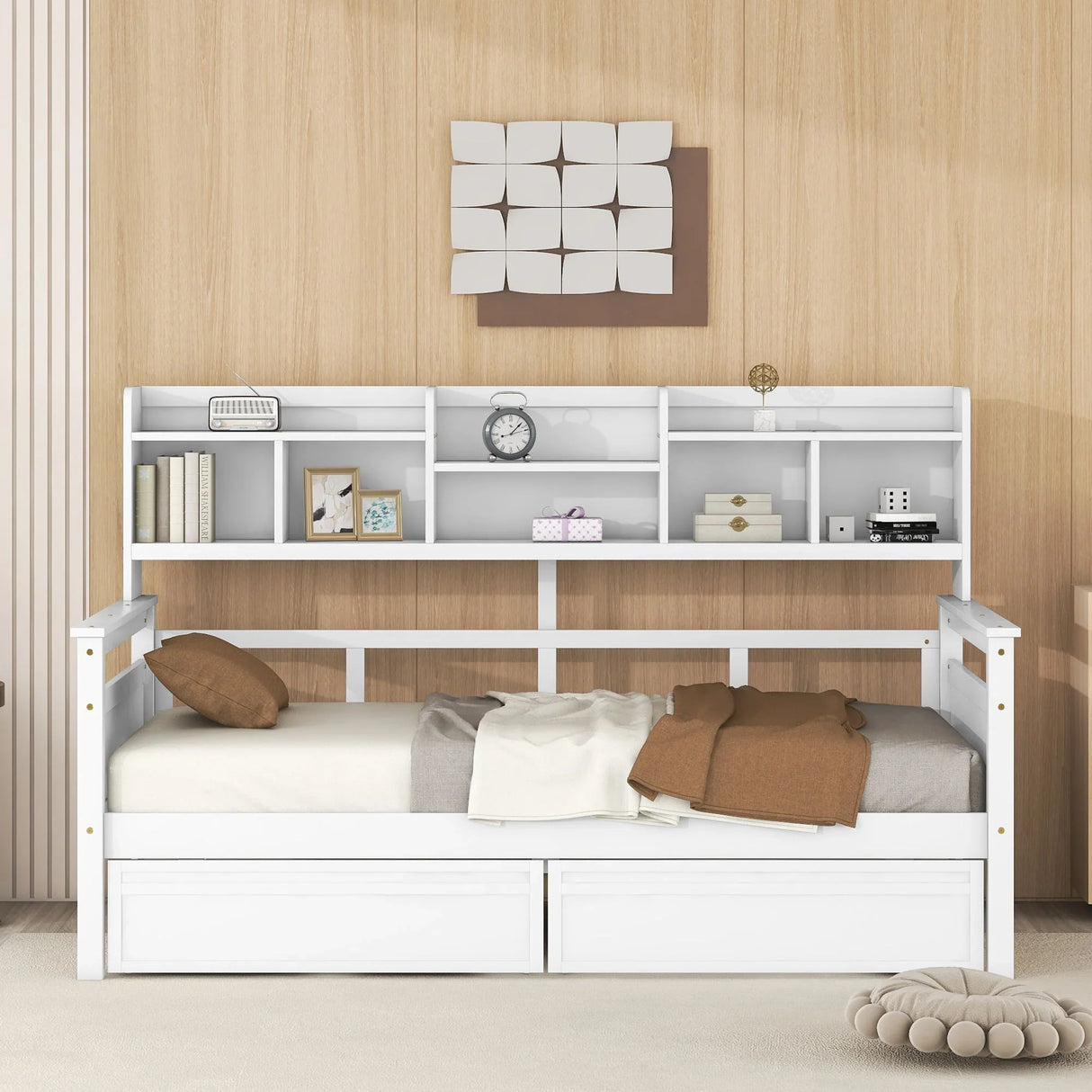 Daybed, Wood Slat Support, With Bedside Shelves And Two Drawers - Furniture Home Direct