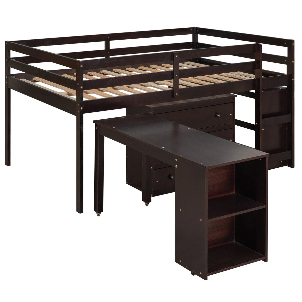 Loft Low Study Bed With Cabinet, Shelves And Rolling Portable Desk, Multiple Functions - Furniture Home Direct