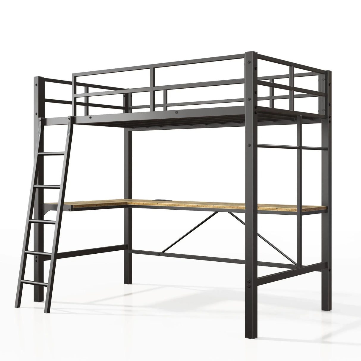 Twin Metal Loft Bed With L - Shaped Desk, Charging Station Loft Bed Frame Twin Size, Safety Guard & Ladder, No Box Spring Needed - Black - Furniture Home Direct