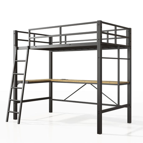 Twin Metal Loft Bed With L - Shaped Desk, Charging Station Loft Bed Frame Twin Size, Safety Guard & Ladder, No Box Spring Needed - Black - Furniture Home Direct