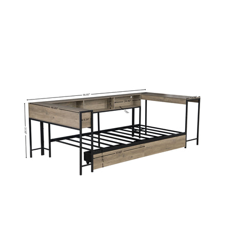 Corner Twin Bed Frame With Bookcase, LED Light, Gray