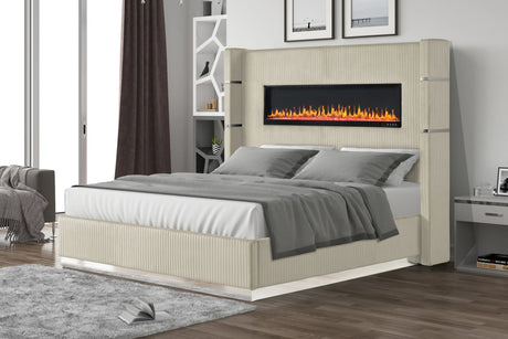 Queen Bed With Fireplace Headboard Velvet Upholstery Beige - Furniture Home Direct