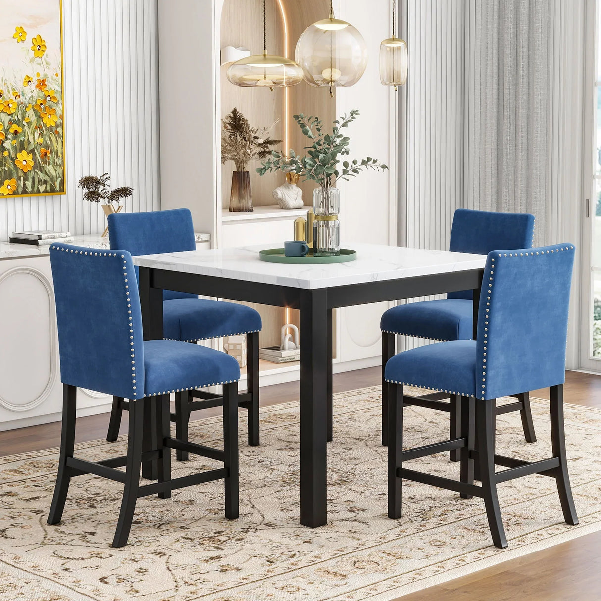 5-Piece Counter Height Dining Table Set With One Faux Marble Top Dining Table And Four Velvet Upholstered Chairs - Furniture Home Direct