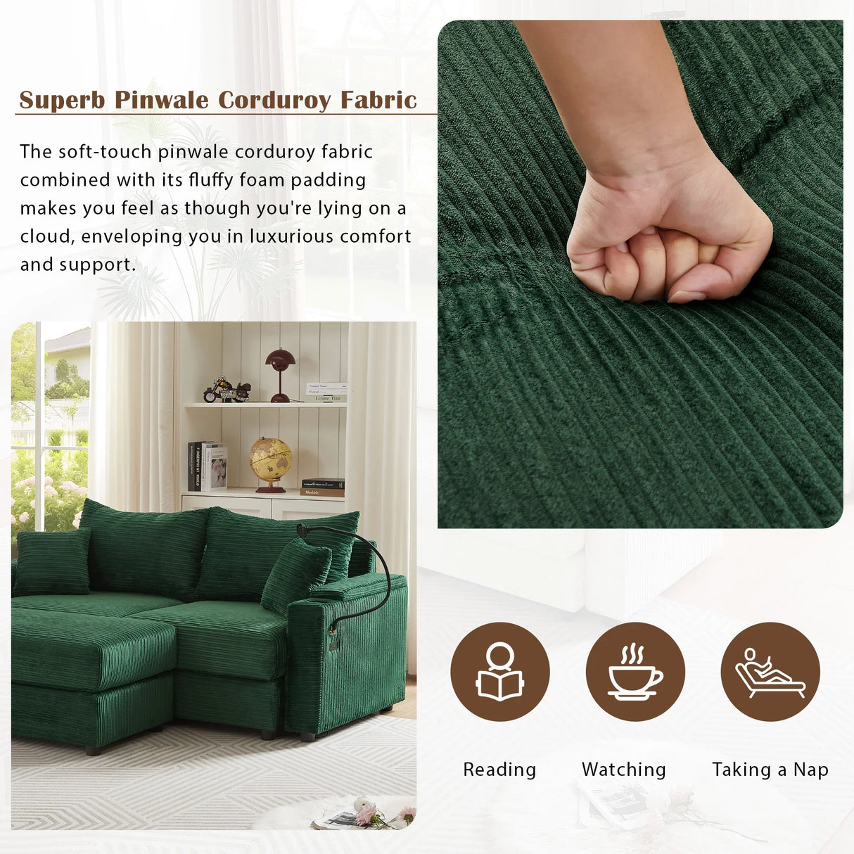 Sofa and Ottoman With Storage, Two USB Ports, Two Cup Holders and Phone Holder - Green - Furniture Home Direct