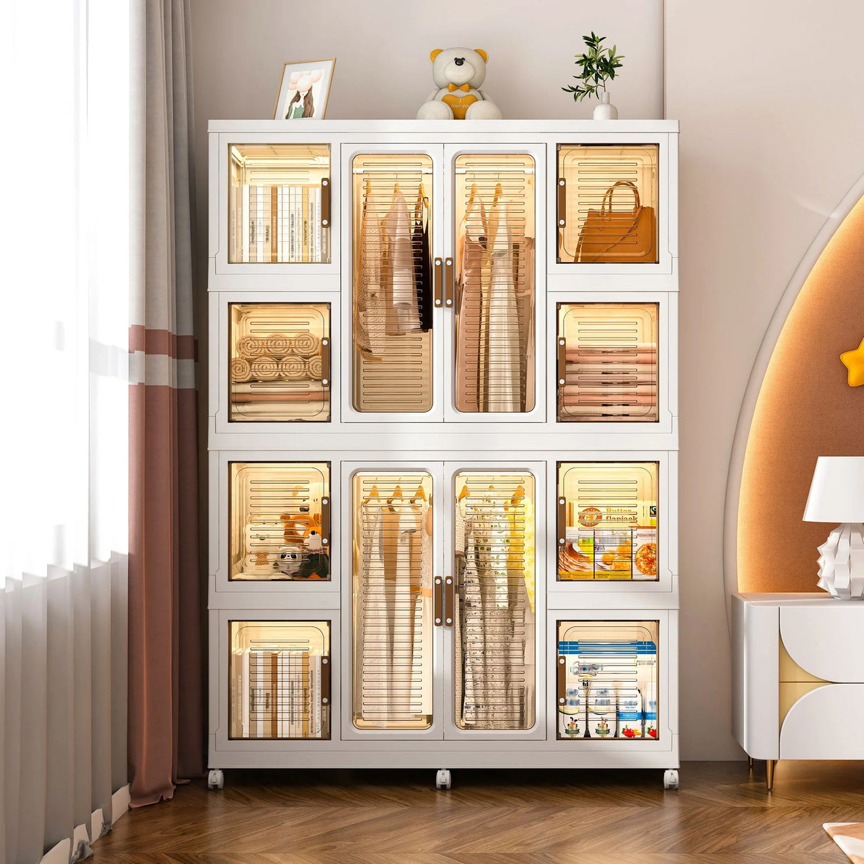 Portable Wardrobe Closet Storage Organizer For Clothes With Magnetic Doors, 12 Cubes & 2 Hanging Rods - White - Furniture Home Direct