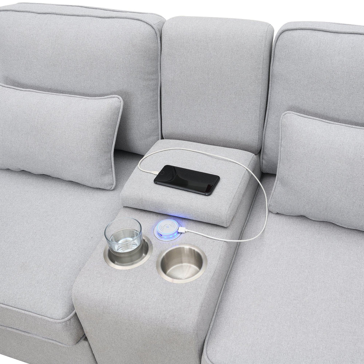 114.2 Sofa With Console 2 Cupholders 2 USB Ports Light Gray - Furniture Home Direct
