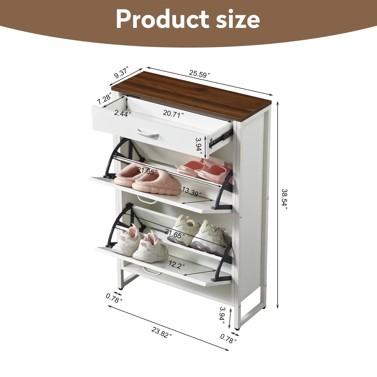 Slim Shoe Cabinet with 2 Flip Drawers - white and Walnut - Furniture Home Direct