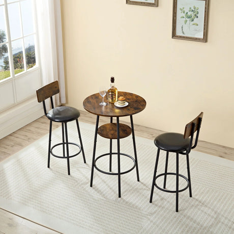 3 Piece Round Dining Table, Two-Level Small Dining Table With Storage, Bar Table, Two Upholstered Bar Chairs With Backrest - Antique Brown / Black - Furniture Home Direct