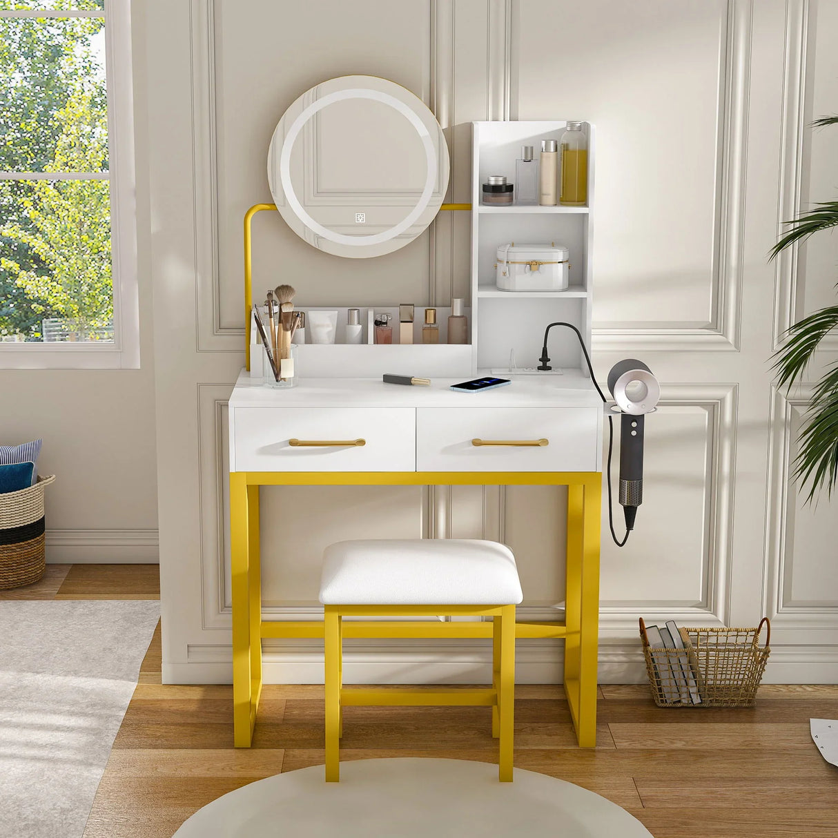 Makeup Vanity Table With LED Lights, 3 Color Options, Power Outlet - Furniture Home Direct