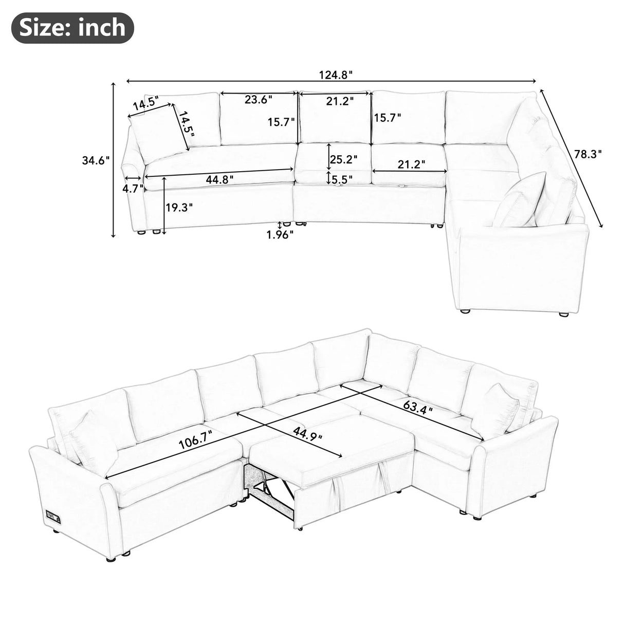 L-Shaped Sofa Convertible Sofa Bed Pull Out Sofa Sleeper With Two Back Pillows, Two USB Ports And Two Power Sockets For Living Room - Furniture Home Direct