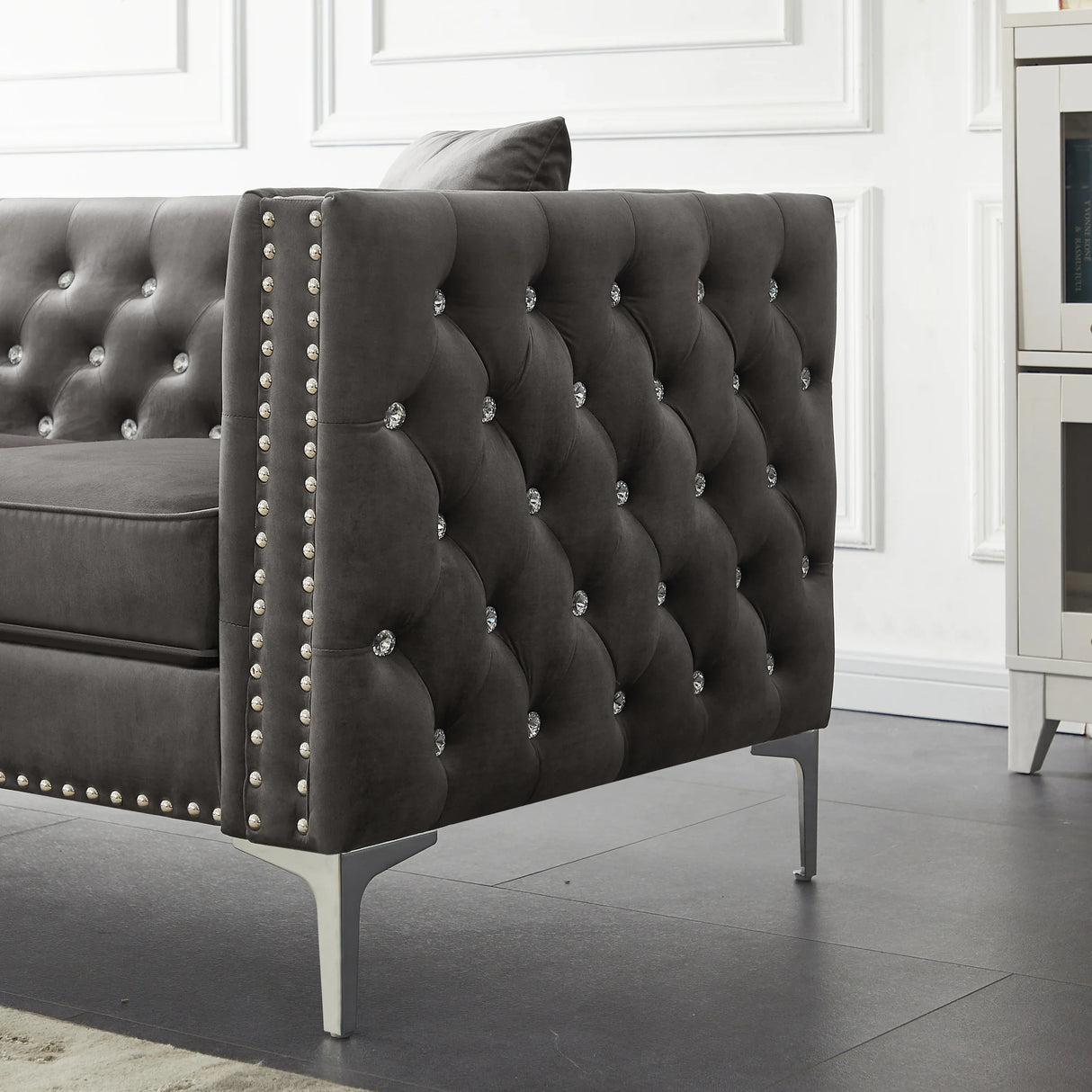 2 Piece Velvet Living Room Set with Sofa and Loveseat and 4 Pillows - Gray - Furniture Home Direct