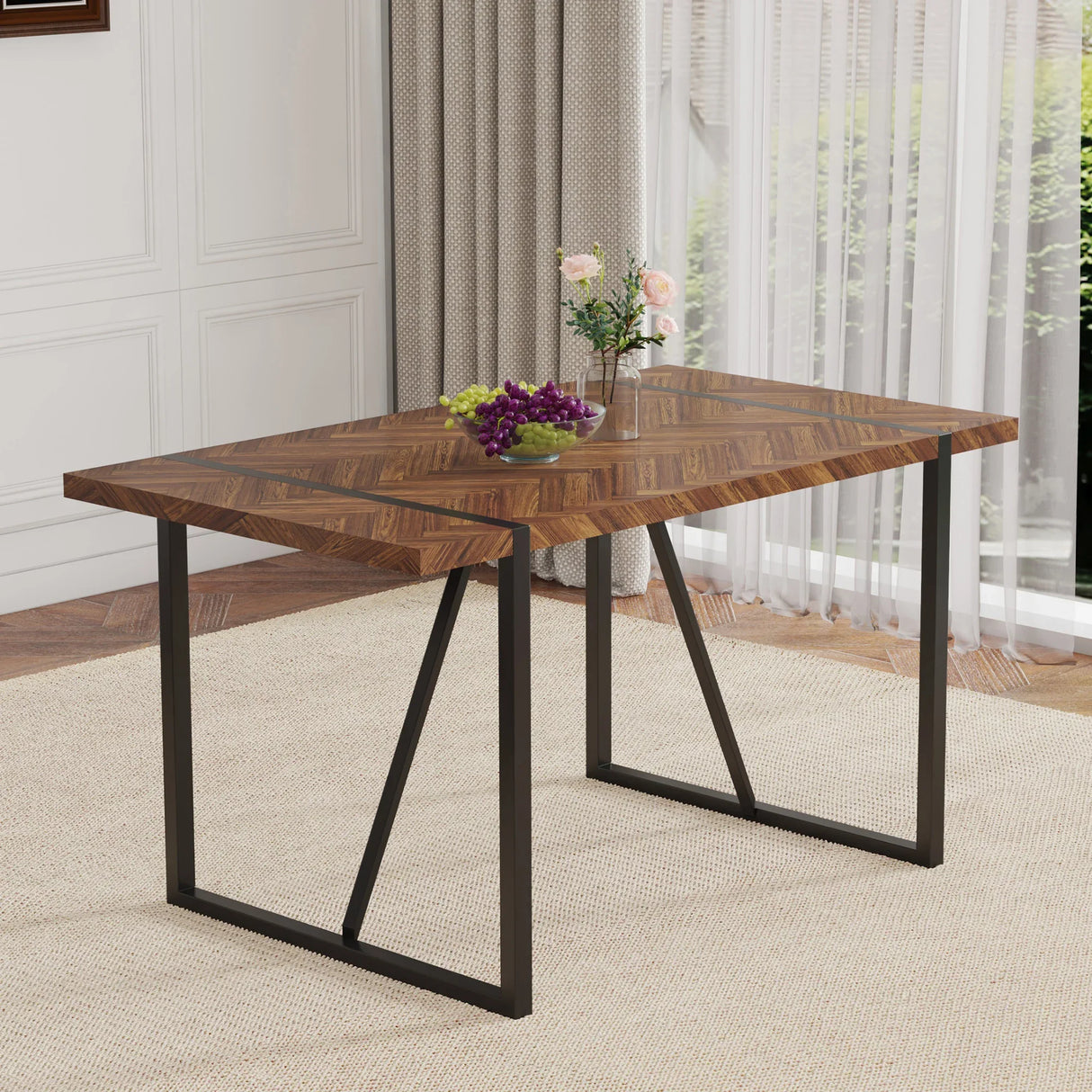 Dining Table Herringbone Wood Top And Metal Base Black - Furniture Home Direct