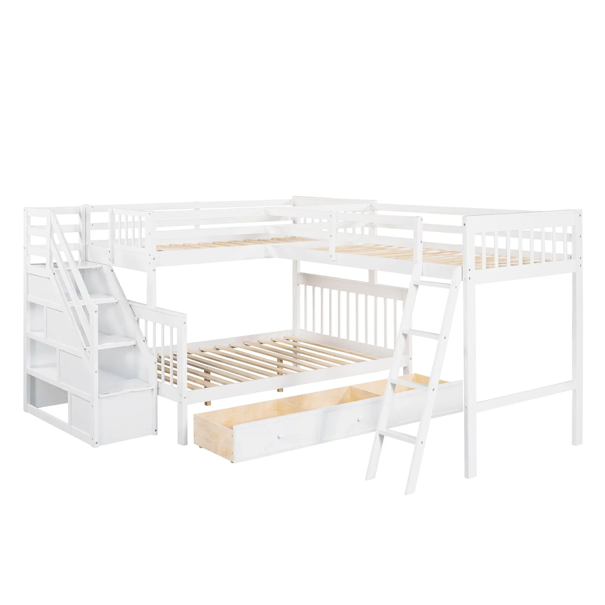 Solid L Shaped Bunk Bed With 3 Drawers, Ladder And Staircase - Furniture Home Direct