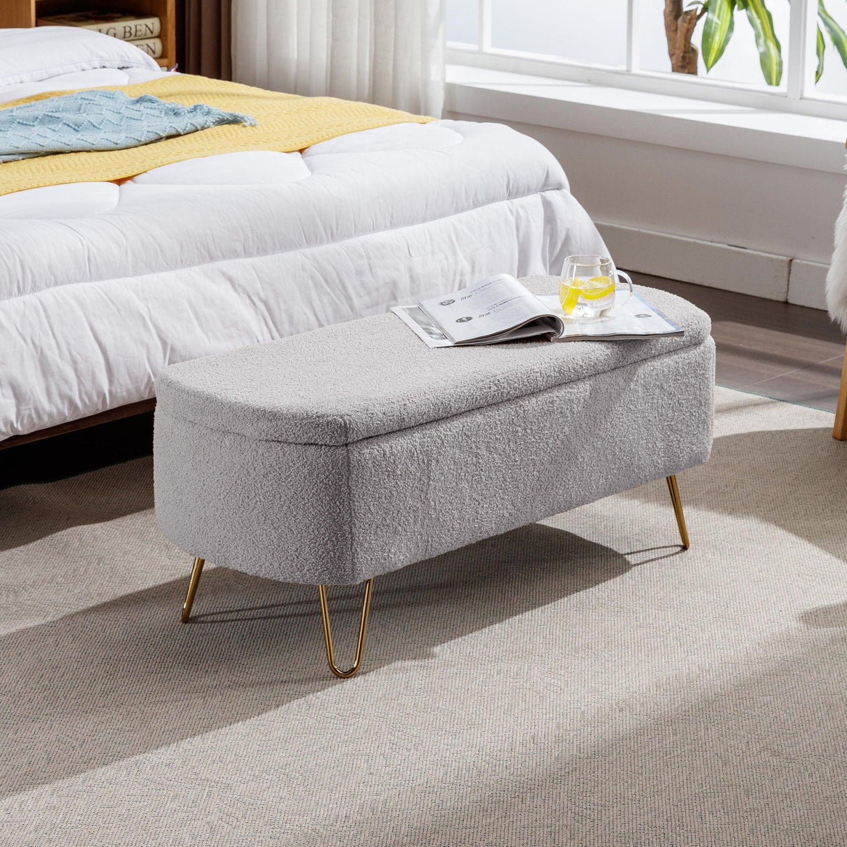 Storage Ottoman Bench For End Of Bed Gold Legs, Modern Camel Faux Fur Entryway Bench Upholstered Padded With Storage For Living Room Bedroom - Furniture Home Direct