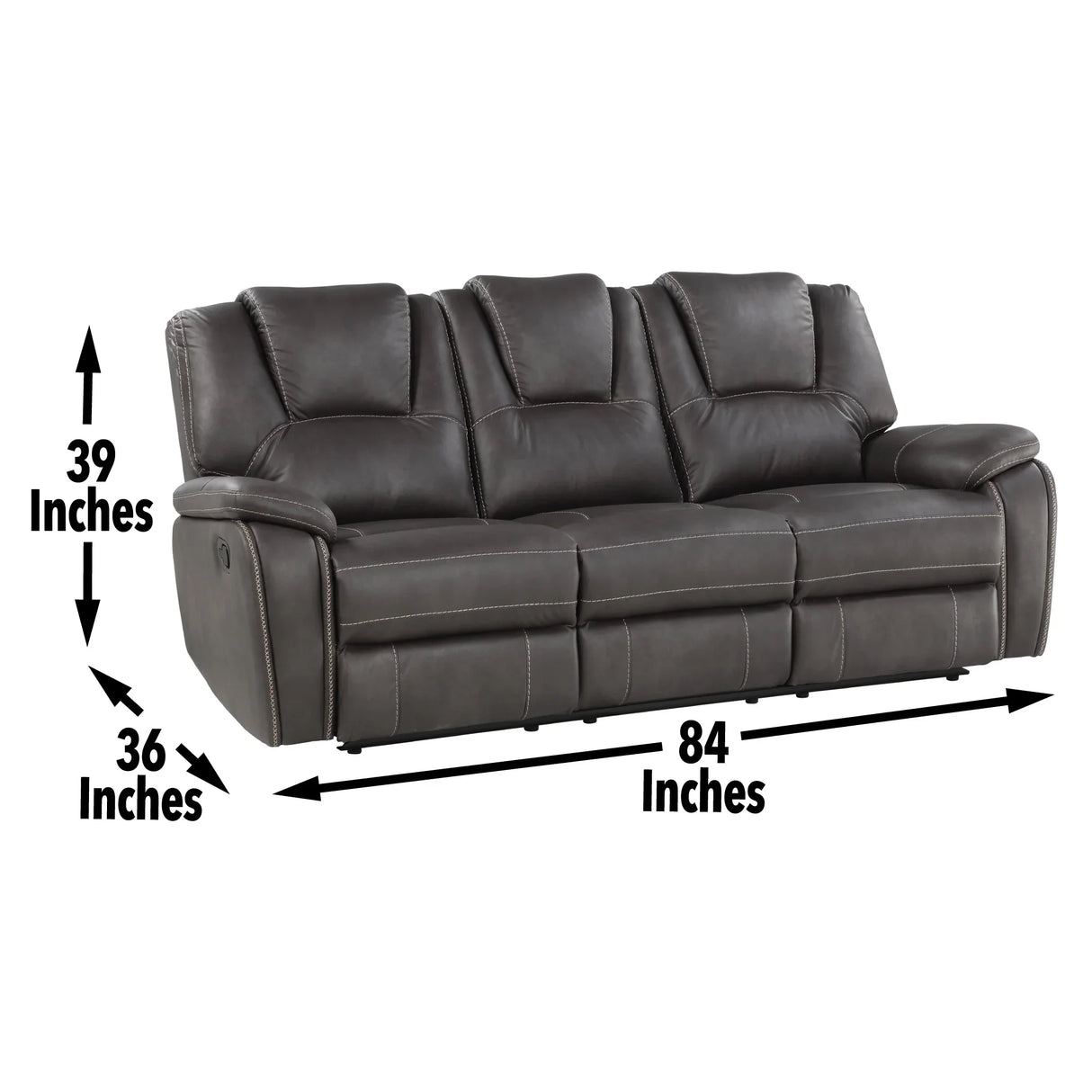 Reclining Sofa Three Seat Faux Leather Cushioned Charcoal - Furniture Home Direct