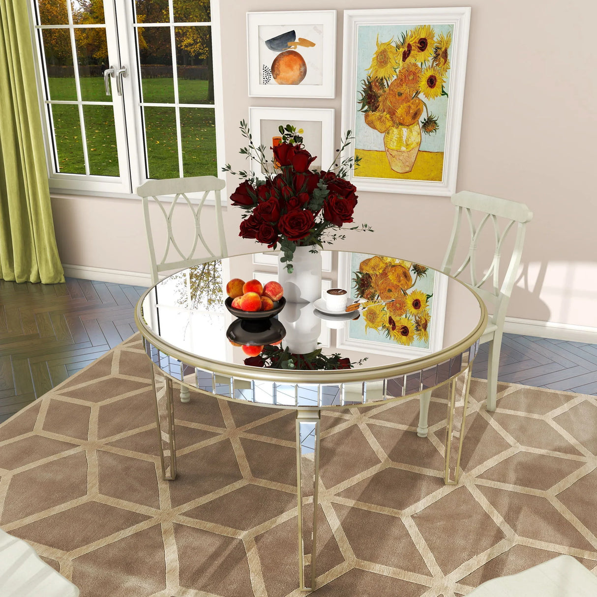 Round Glass Dining Table With Mirror Top - Silver - Furniture Home Direct