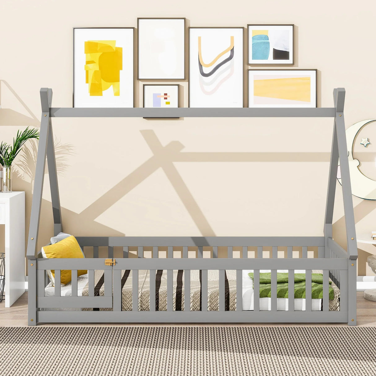 Tent-Shaped Floor Bed, With Guardrails, Slats, Door - Furniture Home Direct