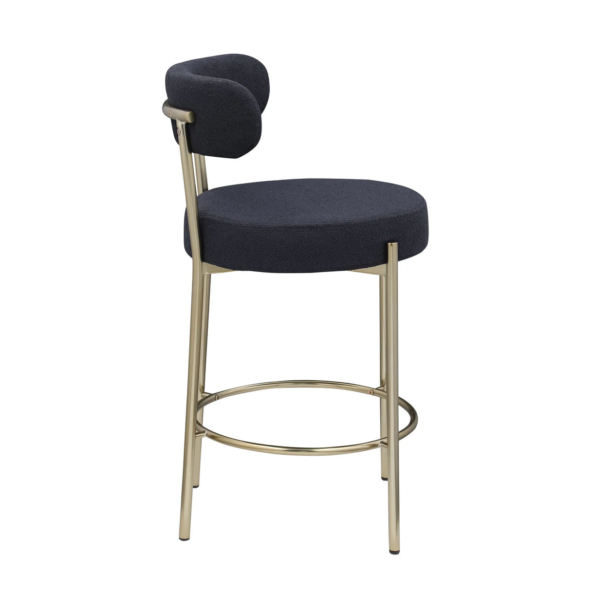 Modern Sherpa Counter Height Stools, Uphsoltered Seat Height Barstools With Brushed Brass Metal Legs Round Low Back Kitchen Stools With Footrest For Dining Room (Set of 2) - Furniture Home Direct