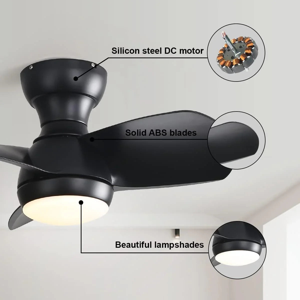 23" Bedroom Ceiling Fan With 3 Color Dimmable 3 ABS Blades Remote Control Dc Motor Black With 18W Led Light - Furniture Home Direct