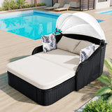 Outdoor Sunbed With Adjustable Canopy, Double Lounge, Daybed - Black / Beige - Furniture Home Direct
