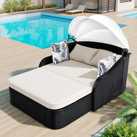 Outdoor Sunbed With Adjustable Canopy, Double Lounge, Daybed - Black / Beige - Furniture Home Direct