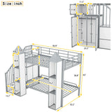 Metal Twin Over Twin Castle-Shaped Bunk Bed With Wardrobe And Multiple Storage - Gray / White - Furniture Home Direct