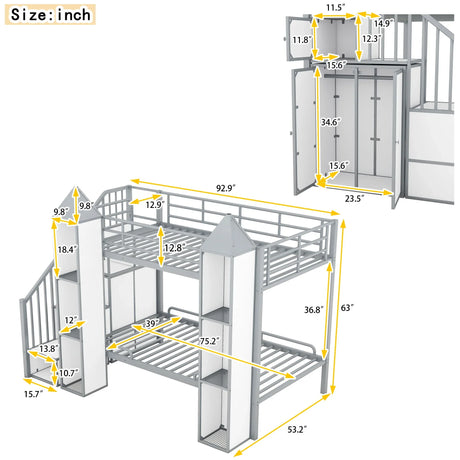 Metal Twin Over Twin Castle-Shaped Bunk Bed With Wardrobe And Multiple Storage - Gray / White - Furniture Home Direct